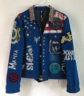Shadow Rebellion Men’s Blue Denim Jacket with Silver Studs & Punk Patches, Gothic Biker Streetwear